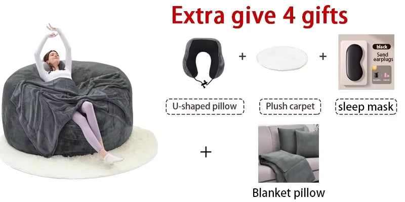 Jumbo(with Filler) bean bag Lazy sofa beanbag Chair Ship Free High-Rebound Memory Foam Furniture Flannel Cover Removable Gifts: A carpet, a pair of eye masks, a pair of earplugs, a U-shaped pillow, a blanket