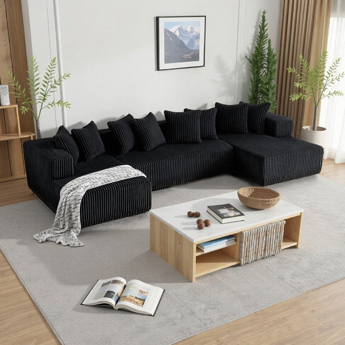 [3 Packs Shipped] [8 Free Pillows] Niccae Large U-Shaped Sectional Sofa, Compressed Corduroy, Modern Living Room Sleeper Sofa, Space-Saving Design (3 Packs Shipped) - Convertible Corduroy Sectional Sofa