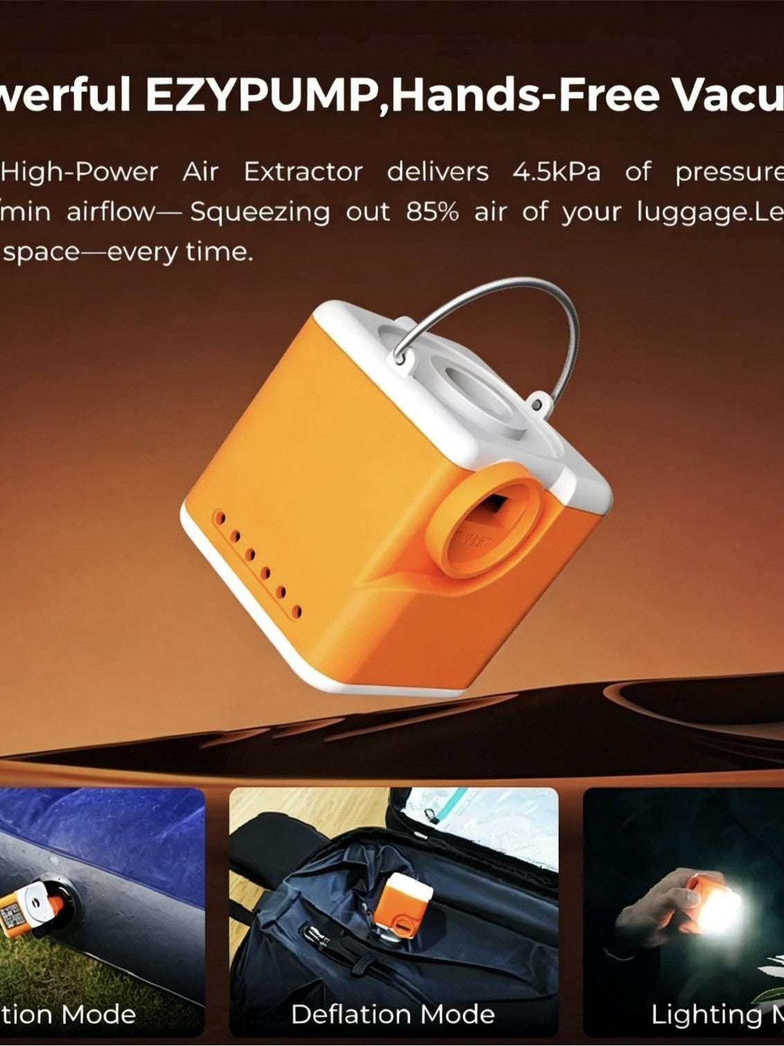Portable Electric Camping Air Pump – Built-in 3-Level Light, Powerful Airflow, Long Lasting Battery – For Air Mattress, Pool Float & Vacuum Storage Bags