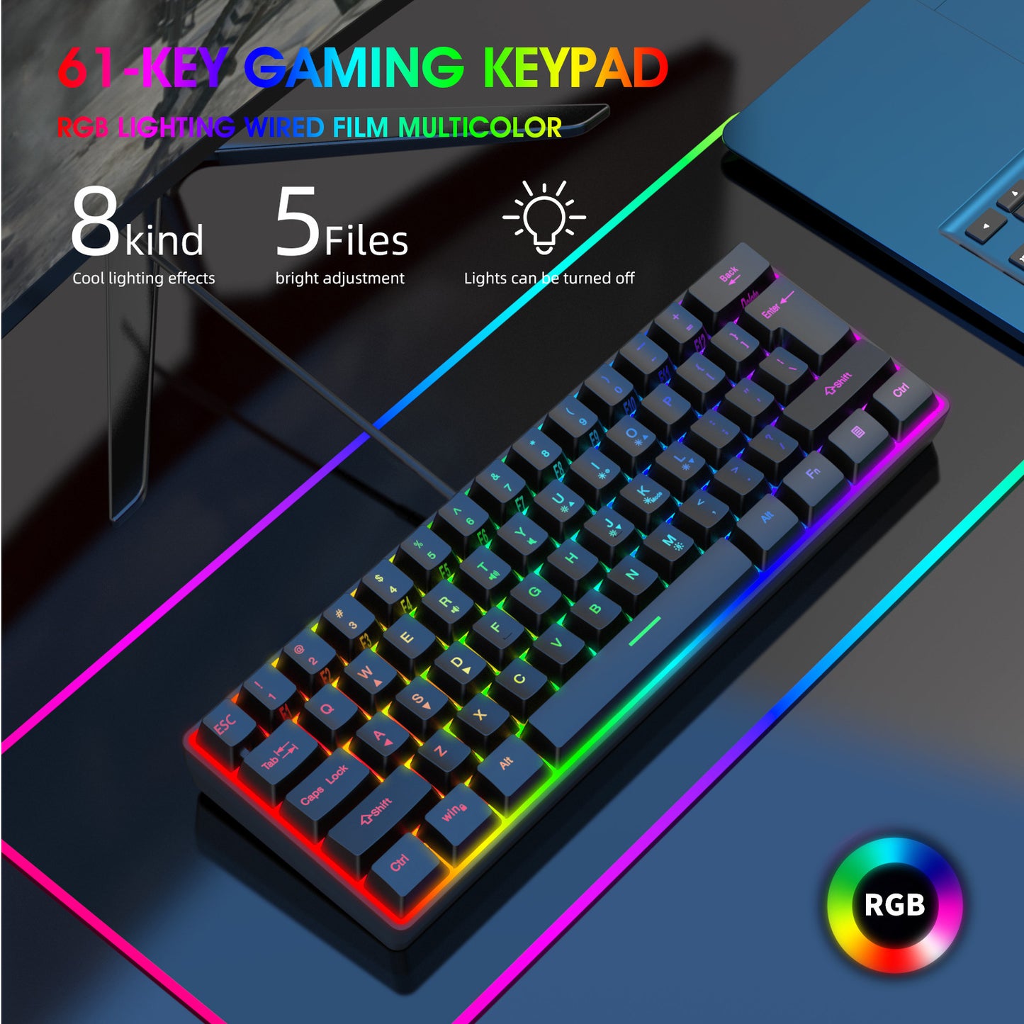 Keyboard k401 Mini 60% Gaming Keyboard, RGB Backlit 61 Key Ultra-Compact Membrane Keyboard, TS91 Ergonomic Waterproof Office Computer Keyboard for PC, MAC, PS4, Xbox ONE Gamer(Black)