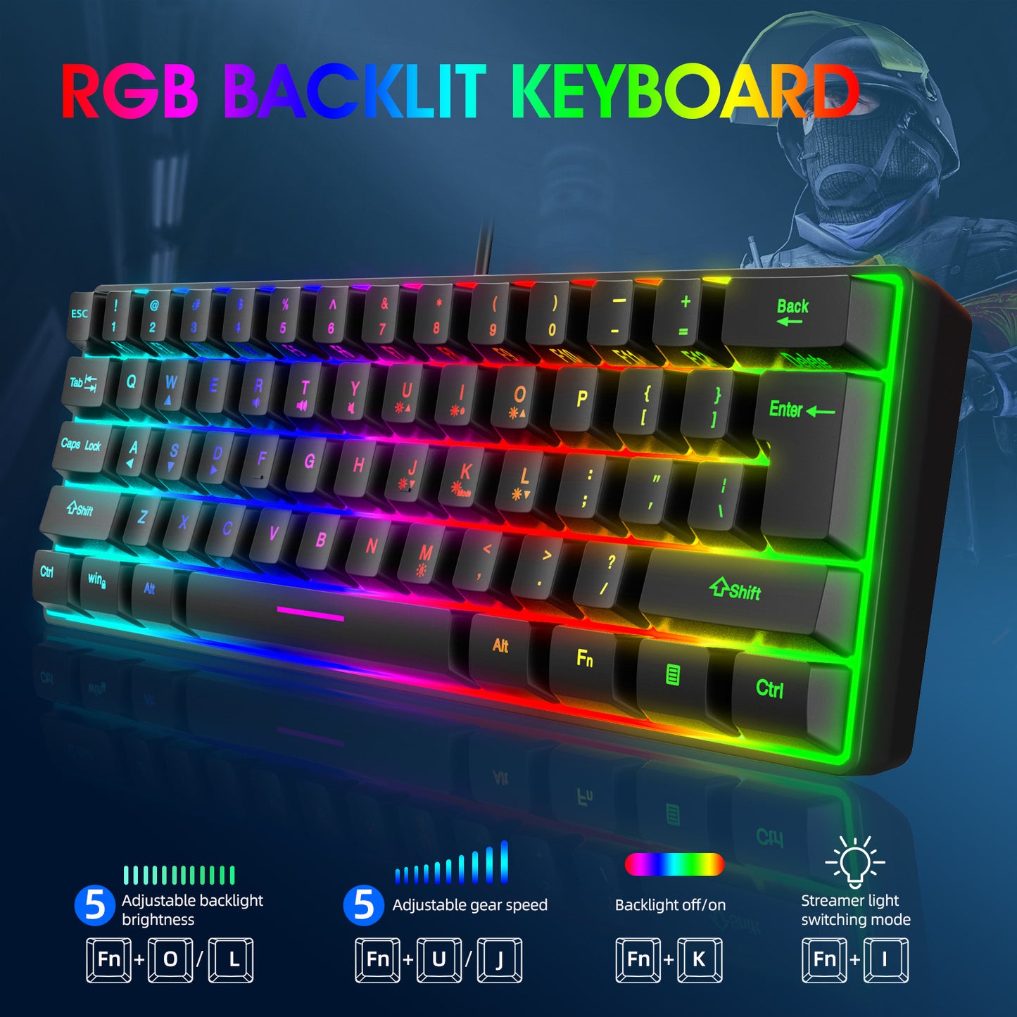 Keyboard k401 Mini 60% Gaming Keyboard, RGB Backlit 61 Key Ultra-Compact Membrane Keyboard, TS91 Ergonomic Waterproof Office Computer Keyboard for PC, MAC, PS4, Xbox ONE Gamer(Black)