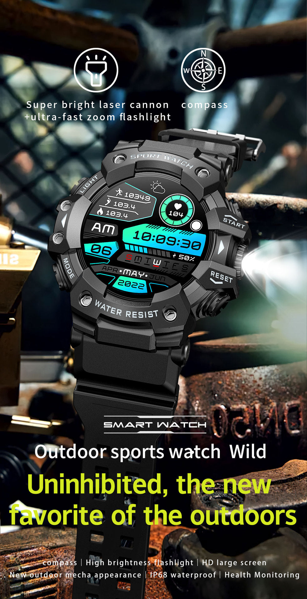 New Durable Men Smart Watch – Wireless Call, AI Voice Assistant, 100+ Outdoor Sports Modes, Built‑in LED Flashlight, 350mAh Battery – Perfect for Outdoor Lovers & Father’s Day Gift