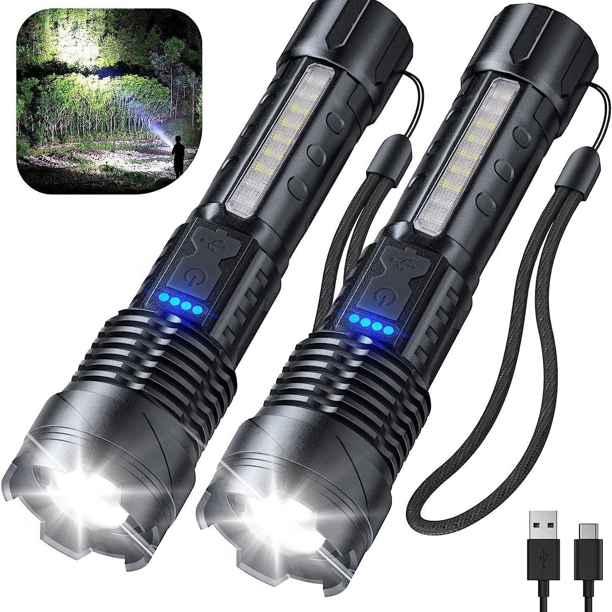 【2026 New】2-Pack Outdoor High-Brightness Flashlight – Aluminum Alloy Body, White Laser Telescopic Zoom, Searchlight, Long-Lasting Outdoor Illumination Light, Built-in 1200mAh Battery