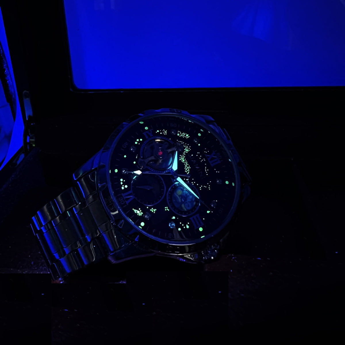 AOKULASIC Men Tourbillon Skeleton Automatic Mechanical Watch, Diamond Starry Luminous Dial, Moon Phase Function, Large Dial Waterproof Wristwatch，Business Casual Men Watch, Christmas New Year Thanksgiving Birthday Gift for Men