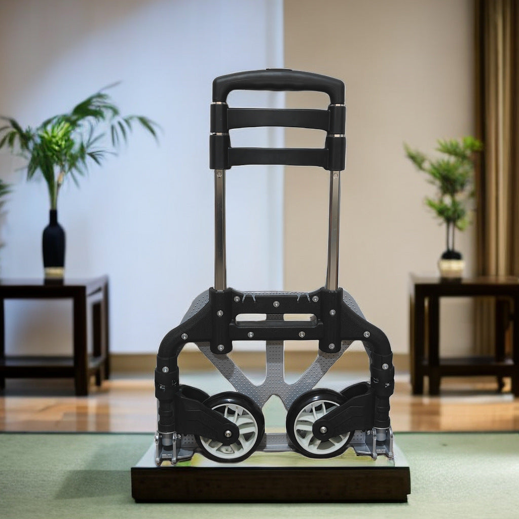 Aluminum Foldable Hand Truck, 75kg Load Capacity Black Portable Pull Cart, Small Trolley, Telescopic Luggage Dolly for Cargo Hauling, Household Moving & Travel