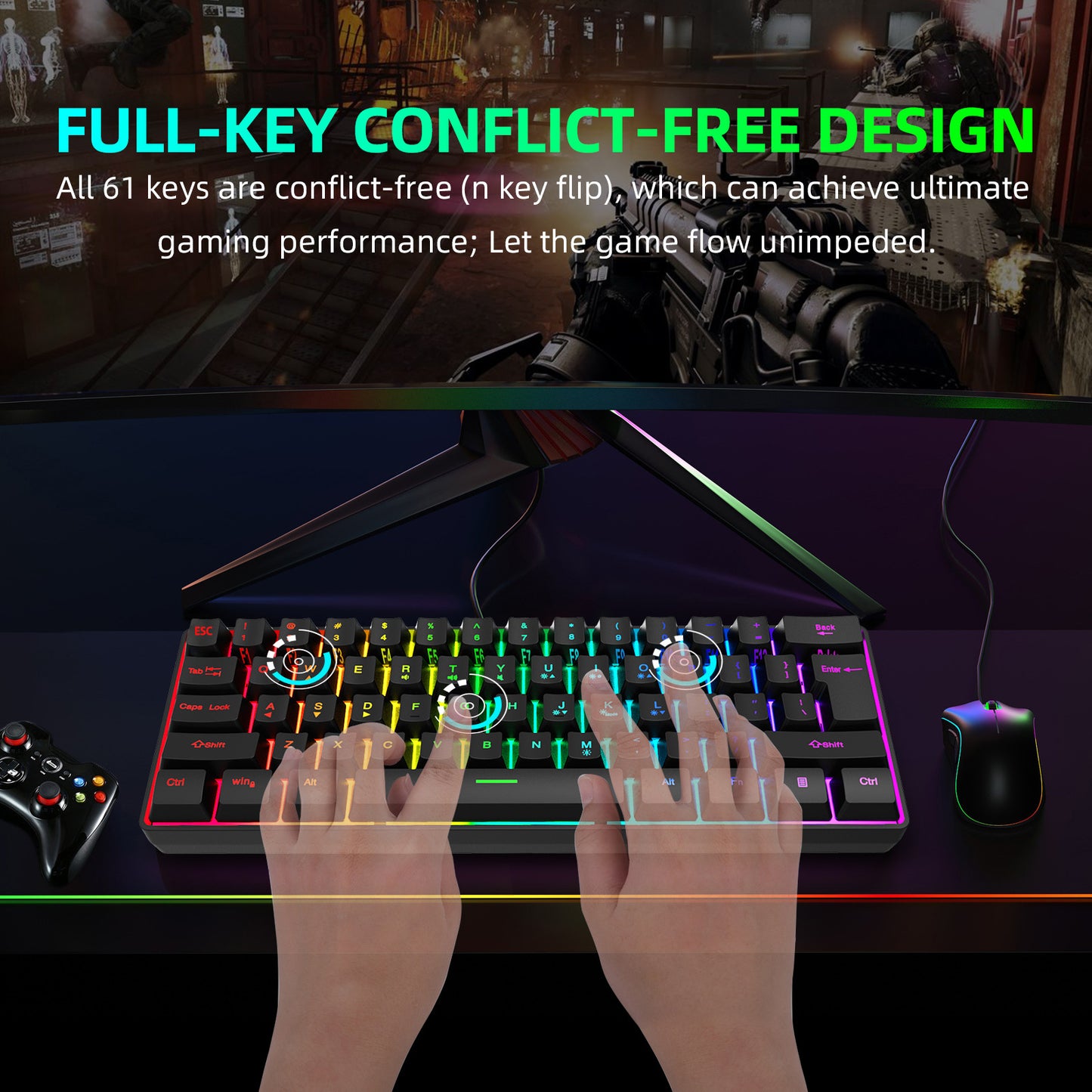 Keyboard k401 Mini 60% Gaming Keyboard, RGB Backlit 61 Key Ultra-Compact Membrane Keyboard, TS91 Ergonomic Waterproof Office Computer Keyboard for PC, MAC, PS4, Xbox ONE Gamer(Black)