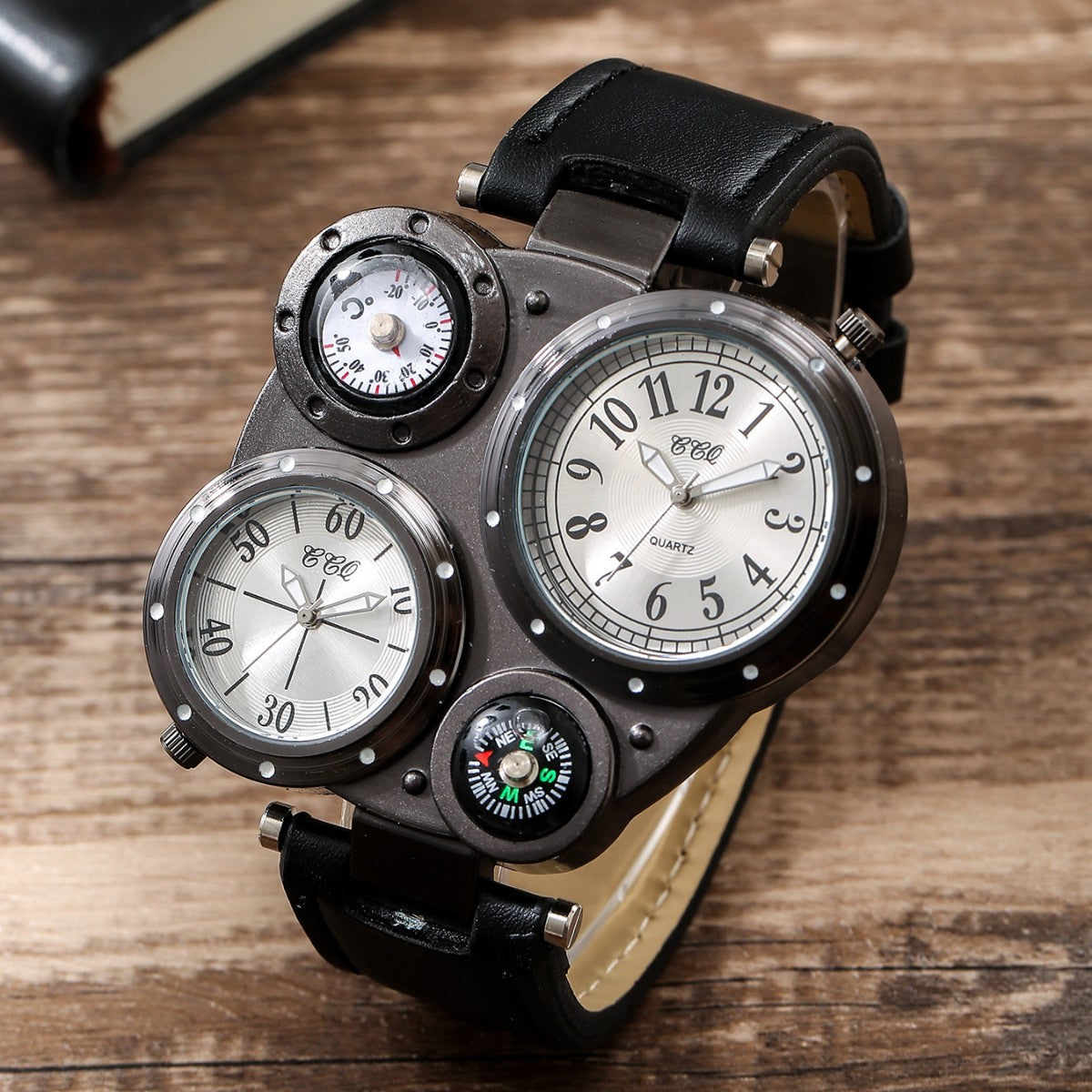 1 BLACK SHAARMS Men's Large Dial Retro Wristwatch - Multi-Zone Analog Watch with PU Strap, Quartz Movement Suitable for Daily Wear, Business & Special Occasions, Ideal Gift for Him, Father's Day
