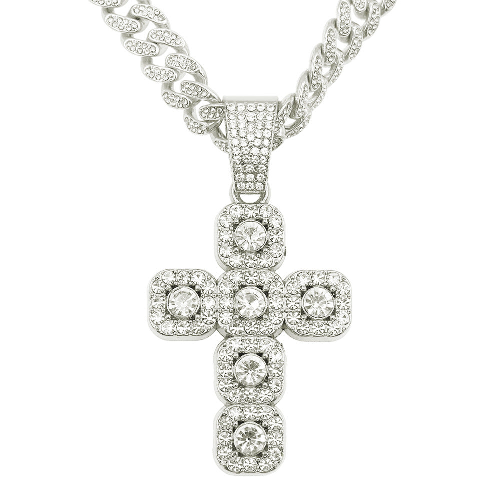 Hip Hop Artificial Diamond Cross Pendant Necklace As Gift, Elegant Rhinestone Necklace, Rhinestone Cuban Chain Link Necklace for Men Women, Streetwear Matching Chunky Rhinestone Decorated Jewelry for Daily, Cuban Link Design