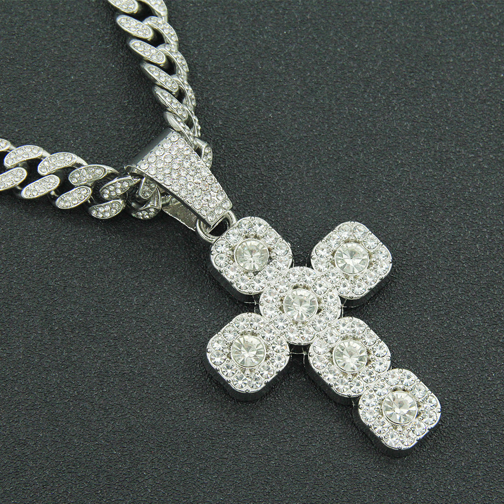 Hip Hop Artificial Diamond Cross Pendant Necklace As Gift, Elegant Rhinestone Necklace, Rhinestone Cuban Chain Link Necklace for Men Women, Streetwear Matching Chunky Rhinestone Decorated Jewelry for Daily, Cuban Link Design
