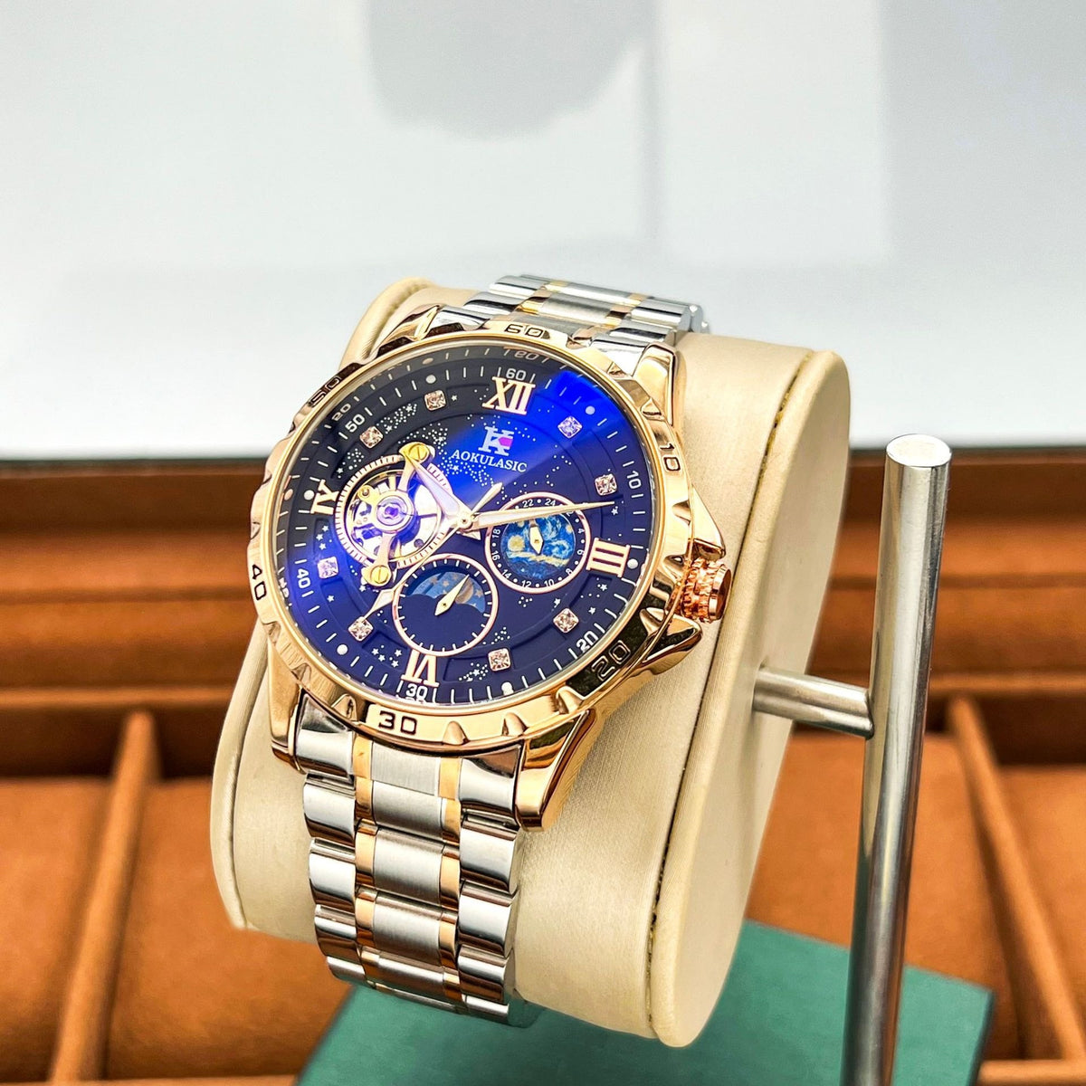 AOKULASIC Men Tourbillon Skeleton Automatic Mechanical Watch, Diamond Starry Luminous Dial, Moon Phase Function, Large Dial Waterproof Wristwatch，Business Casual Men Watch, Christmas New Year Thanksgiving Birthday Gift for Men