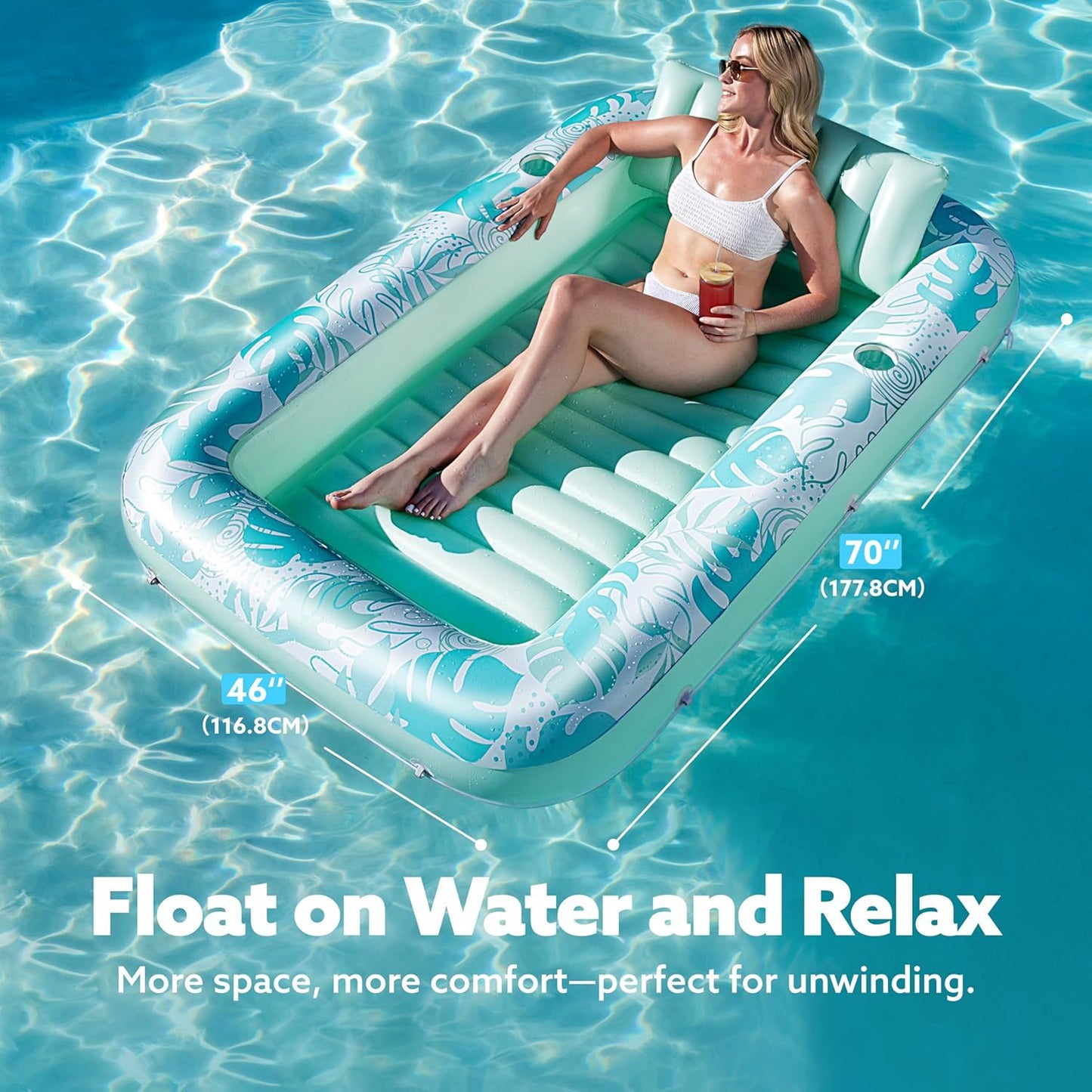 XL Inflatable Tanning Pool Lounge Float With Cup Holder, 177cm*116cmExtra Large Pool Floats Adult with Pillow, 4 in 1 Suntan Tub Raft Floatie, Sunbathing Bed Lounge for Water Blow Up Kids Ball Pit Party Gifts, inflatable Sofa Summervibes