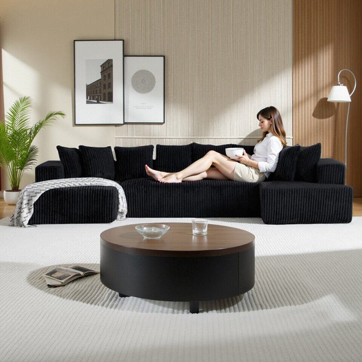 [3 Packs Shipped] [8 Free Pillows] Niccae Large U-Shaped Sectional Sofa, Compressed Corduroy, Modern Living Room Sleeper Sofa, Space-Saving Design (3 Packs Shipped) - Convertible Corduroy Sectional Sofa