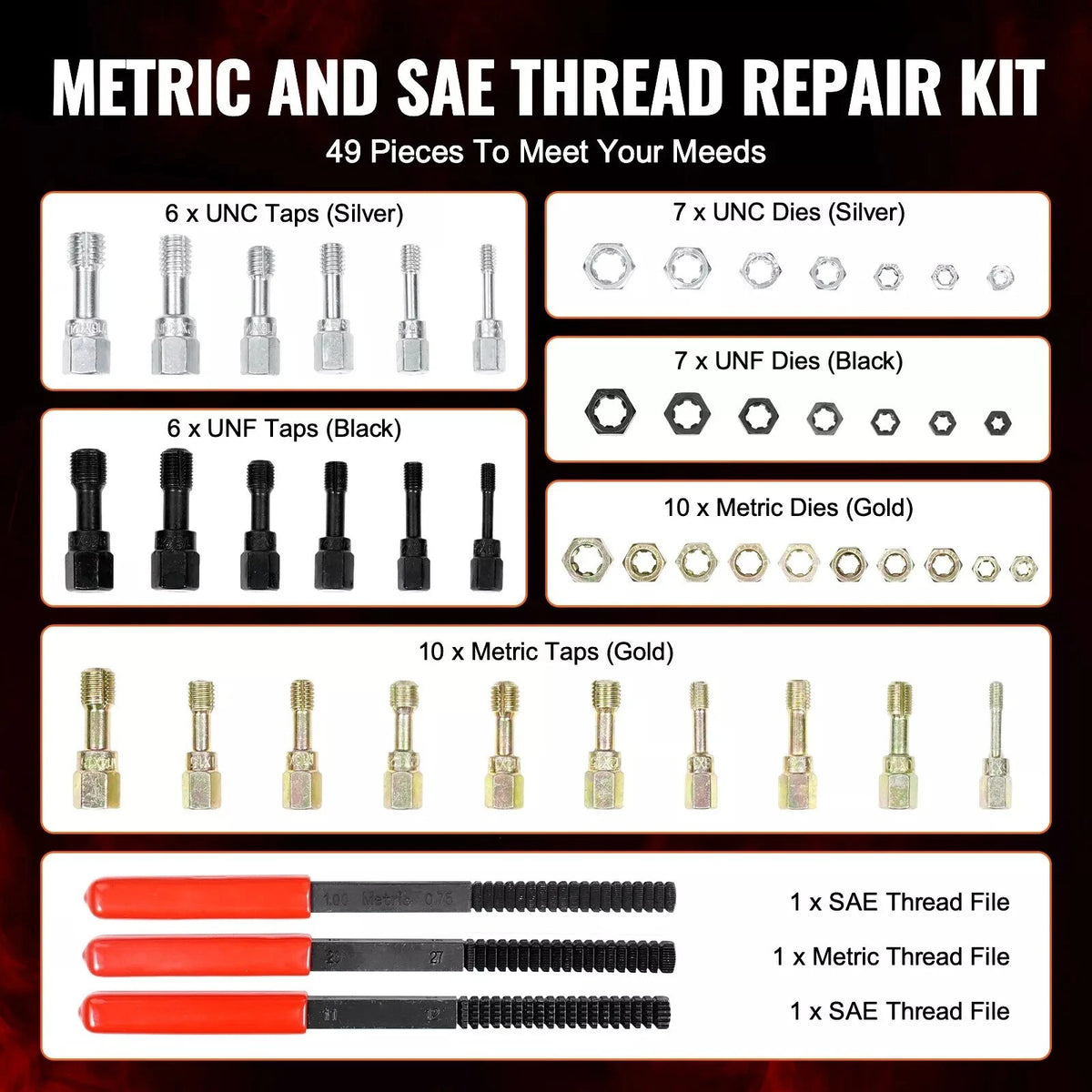 49Pcs Thread Repair Kit, UNC UNF & Metric Thread Restorer Set, Rethreading and Repair Tool Kit, Inch & Metric Thread Chaser Tool Set