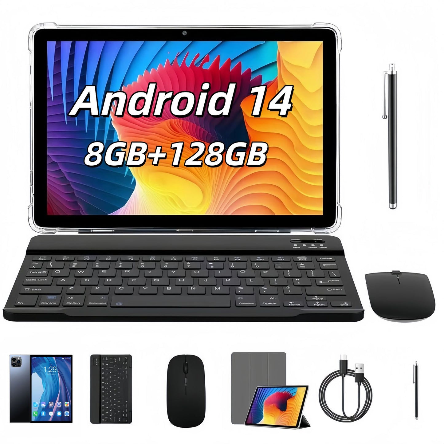 【flash sale】10.1 Inch Android 14, 2 in 1 Portable Device with Keyboard, Mouse, Case, Stylus, 8(4+4)GB RAM 64GB ROM, Dual Camera, for Xmas GiftSuitable for Valentine's Day, Christmas, New Year's Eve, and birthday gifts