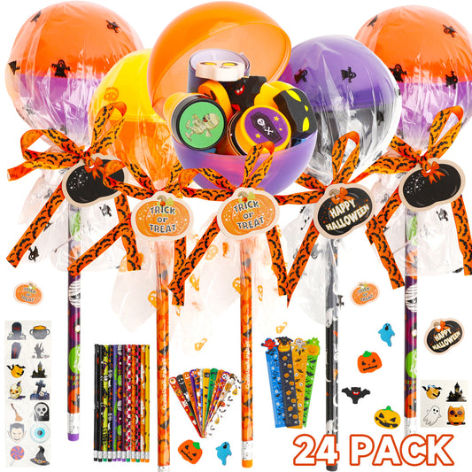 Happy Halloween Gifts for Kids - 24 Pack Lollipop-Shaped Stationery Set with Pumpkin Cards Slap Bracelets Pencils Stickers Erasers Stampers Sharpener for Classroom Exchange School Boys Girls Party Favors