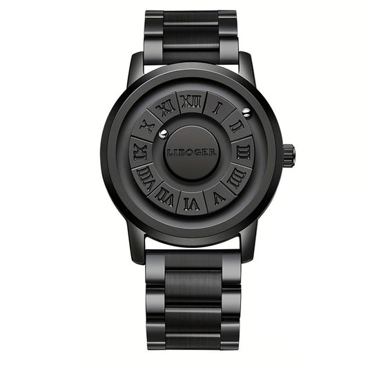 2026 Hot Selling Creative Rolling‑Steel‑Ball Men Quartz Wrist Watch, No‑Glass Touch‑To‑Read Dial, Retro Business Fashion Black Steel Band Men’s Watch