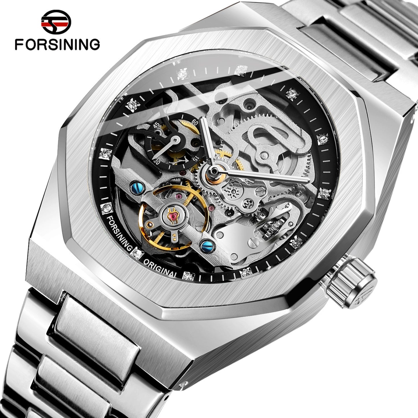 Men's Classic Business Rhinestone Decorated Analog Mechanical Watch, Fashionable Wristwatch for Men, Stylish Watch, Luminous Hands Watch for Party, Daily Clothing Decor, Watch for Birthday Gift with Box, Stainless Steel Wristwatch