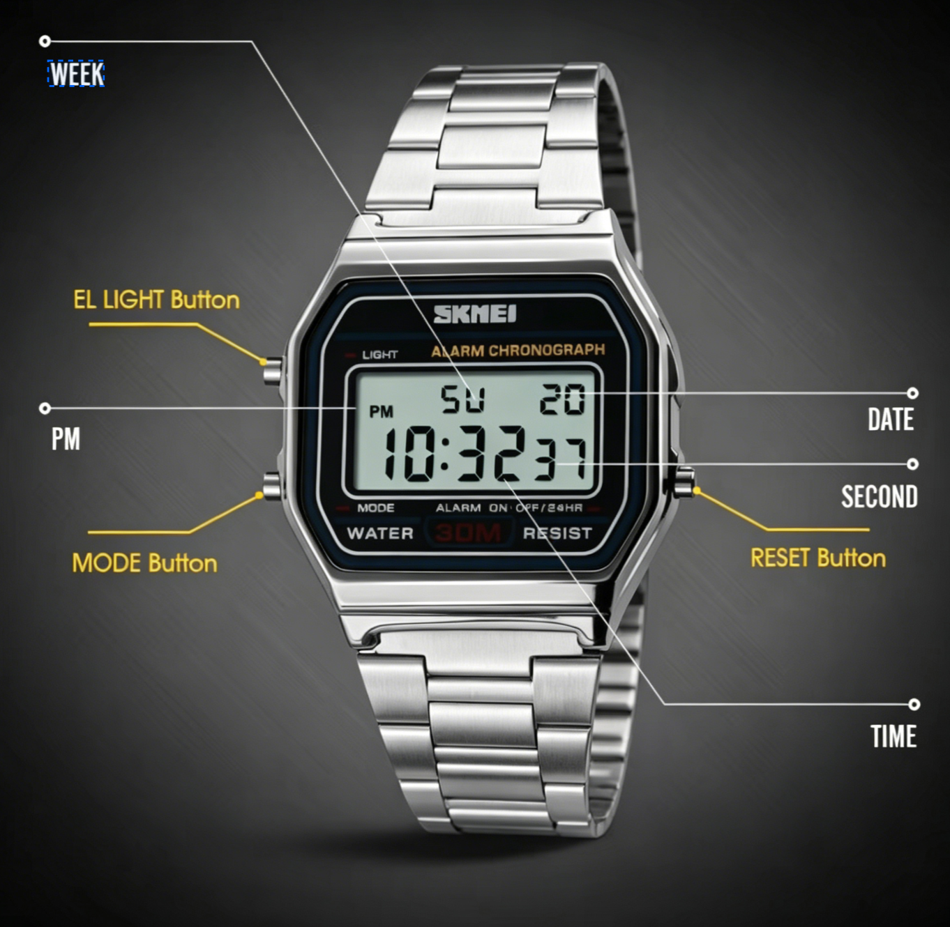 2026 New Skmei 1123 Hot Sale Men Watch, Trendy Digital Watch for Men, Waterproof Multi-Function, Stainless Steel Strap, Cash On Delivery, Free Shipping