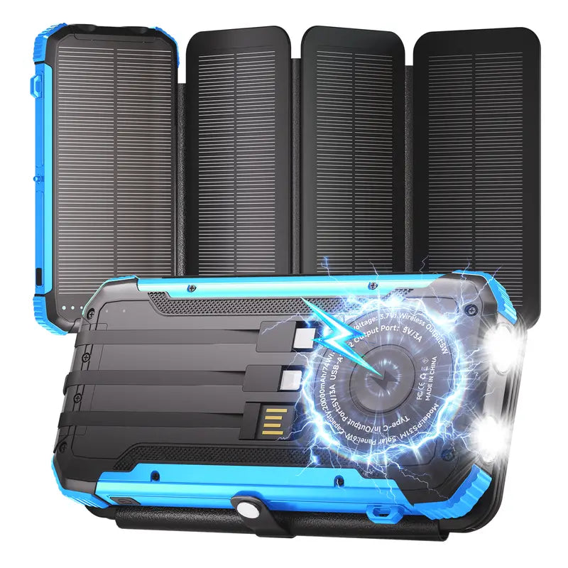 20000mAh Blue Black Solar Power Bank with 4 Foldable Solar Panels, Wireless Charging PD 15W Fast Charger, 3 Built-in Cables 6 Ports Portable Solar Charger with Dual Flashlights & Carabiner