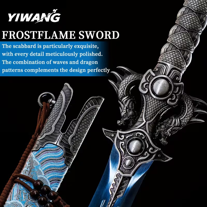 Shuanglong Handmade Chinese Jian Sword – 1060 High Carbon Steel Full Tang Blade, Blue Engraved Surface, Double Dragon Handle, Luxury Scabbard, Blunt Edge for Safe Display & Gift