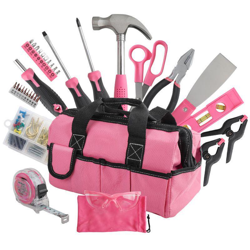 130-Pieces Pink Tool Kit Set & Child Size Tool Bag. Daily Home Repair Kit,Hammer Screwdriver Set for DIY Building, Woodwork & Construction for Women Kids