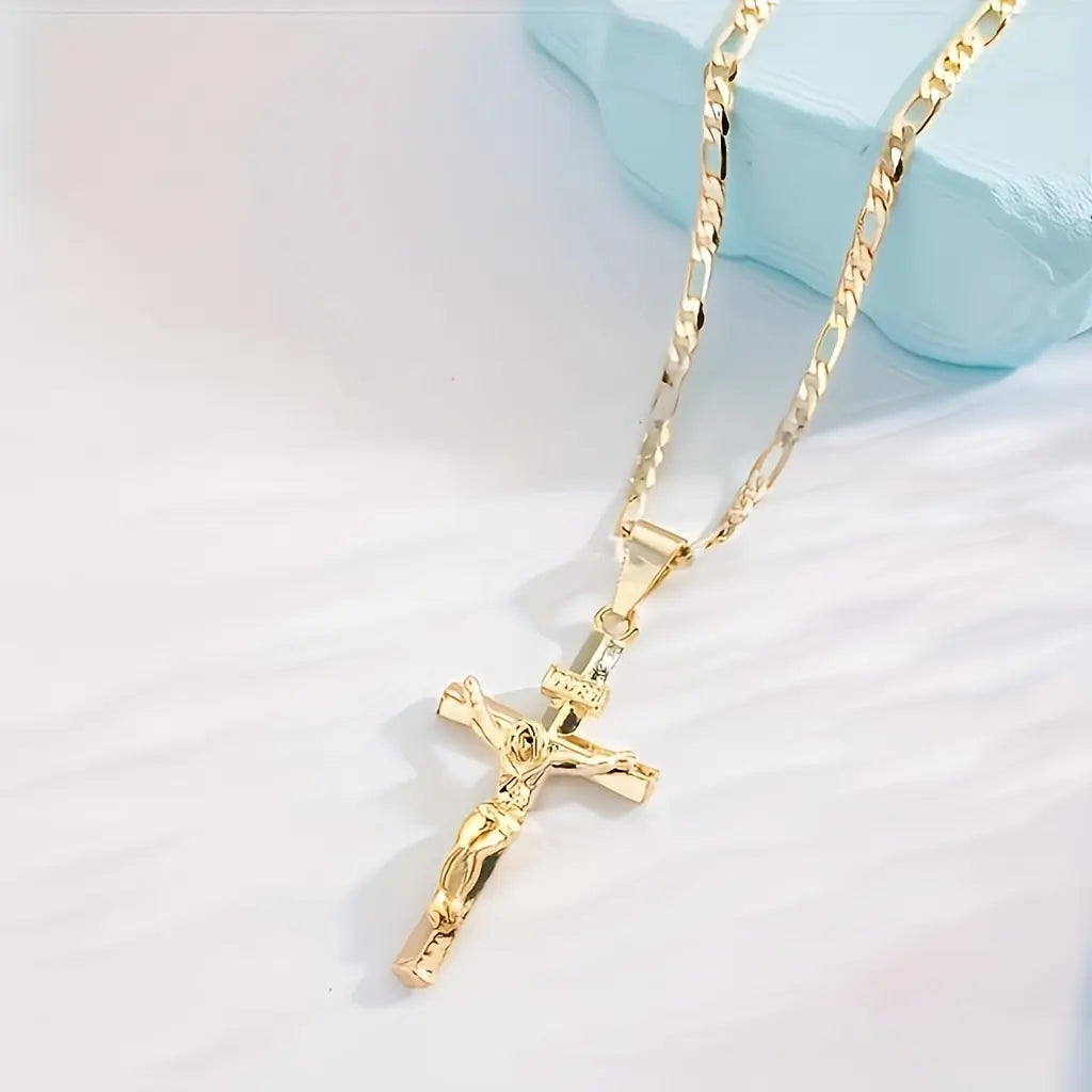 Men's Vintage 14K Gold-plated Jesus Cross Pendant Necklace With Smooth Chain Religious Jewelry For All Year Round Easter Graduation Gift image 3
