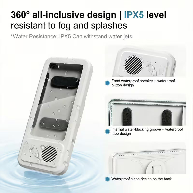 2026 New Shower Bluetooth Speaker & Phone Holder, IPX5 Waterproof, 360‑Degree Rotatable Viewable Mount for Bathtub, Kitchen, Mirror, Fits 4‑6.8 Inch Phones