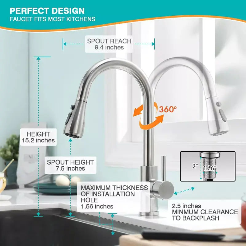 Brushed Nickel Kitchen Faucet with Pull Down Sprayer, High Arc Single Hole Kitchen Sink Faucet with Sprayer, Commercial Modern Pull Out Stainless Steel Kitchen Faucet