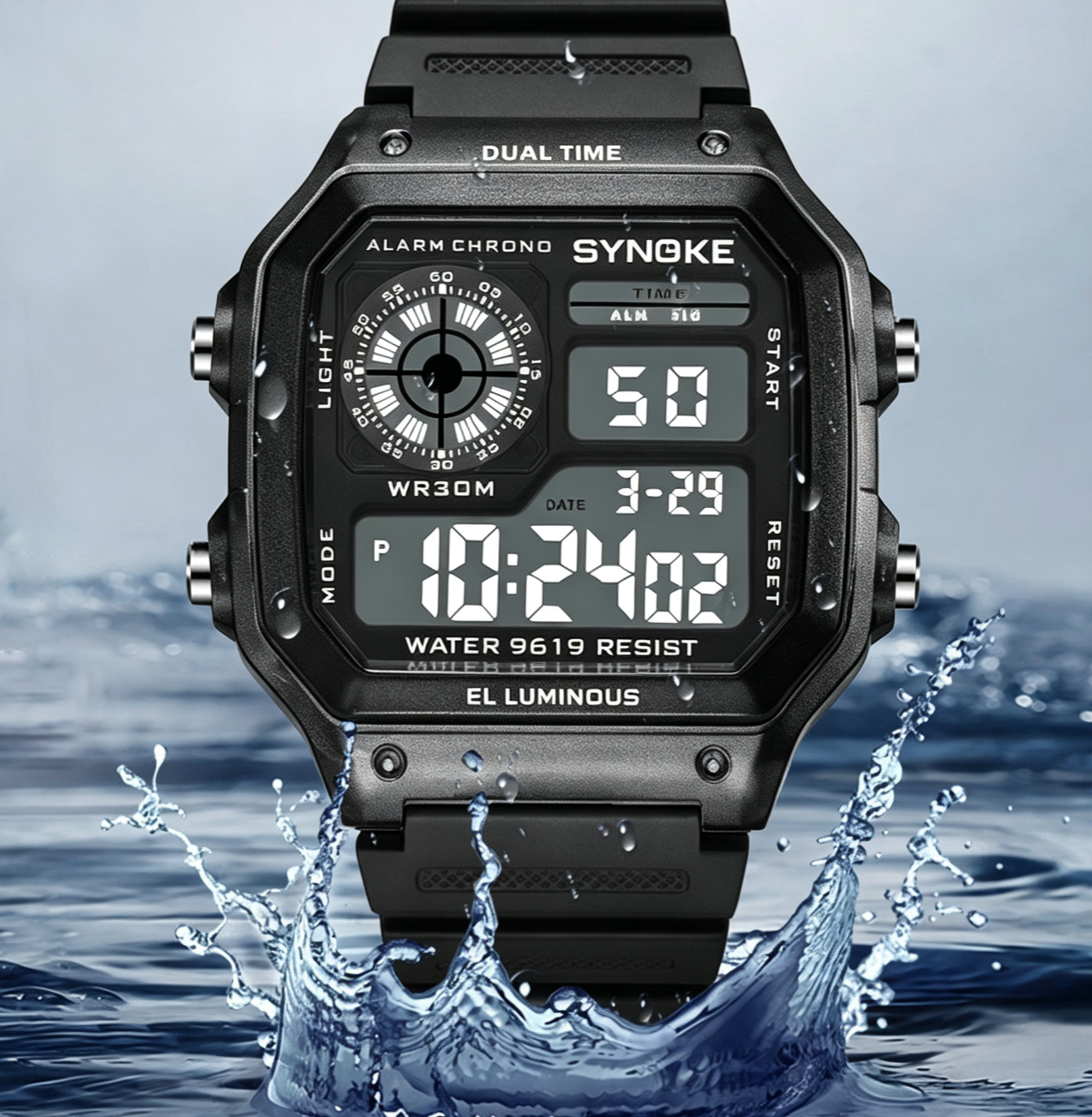【SYNOKE】New 2026 Men's Digital Watch, Transparent Color, Multi‑Functional Outdoor Square Watch, Sports Luminous Function, Military‑Grade Quality, Waterproof and Dust‑Resistant