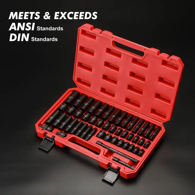 49-Piece 3/8" Drive Impact Socket Set SAE/Metric 6 Point CR-V Steel Includes Extension Bar Adapter & Universal Joint Tool #TikTokShopBacktoSchool - Hex Wrenches