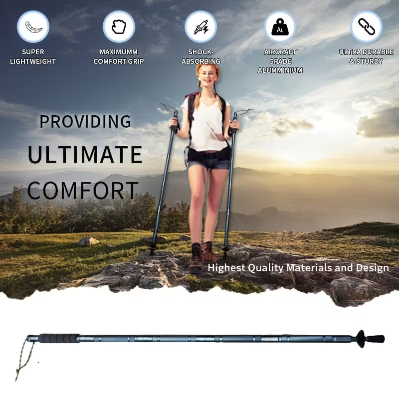 Multifunctional Trekking Pole, Lightweight 5‑Section Telescopic Folding Aluminum Alloy Hiking Stick with Multi‑Tool Accessories, for Backpacking, Camping, Wilderness Survival, Mountaineering & Long‑Distance Hiking