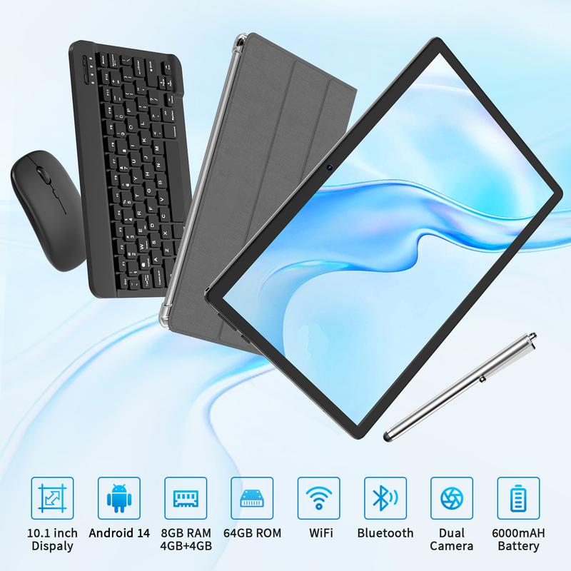 Tablet 10.1 Inch Android 14, 2 in 1 Portable Device with Keyboard, Mouse, Case, Stylus, 8(4+4)GB RAM 64GB ROM, Dual Camera, for School Gift