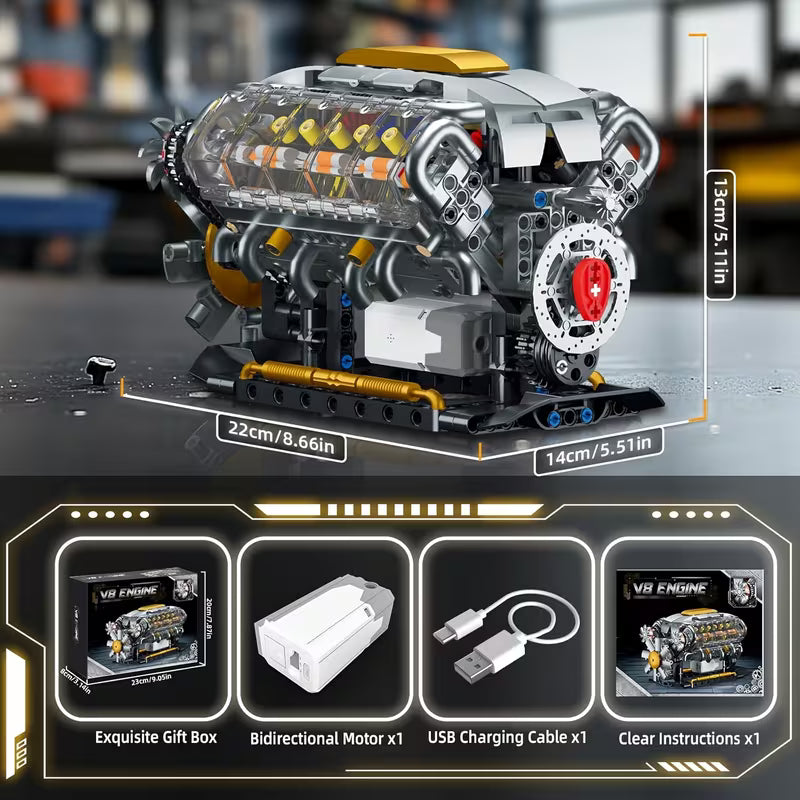 GOQI 3053-YC614 Mechanical Engine Building Set – L‑Type Inline Cylinder Model, 847pcs, Motorized Moving Parts, STEM Educational Toy Gift for Boys