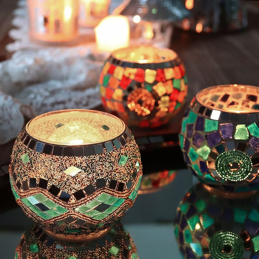 3‑Pcs Vintage Turkish Moroccan Handmade Candle Holders, European Colorful Mosaic Glass Candle Bowls, Pillar Candle Holders, Romantic Decor for Candlelight Dinner, Diwali, Festival Party, Home Decoration & Gifts
