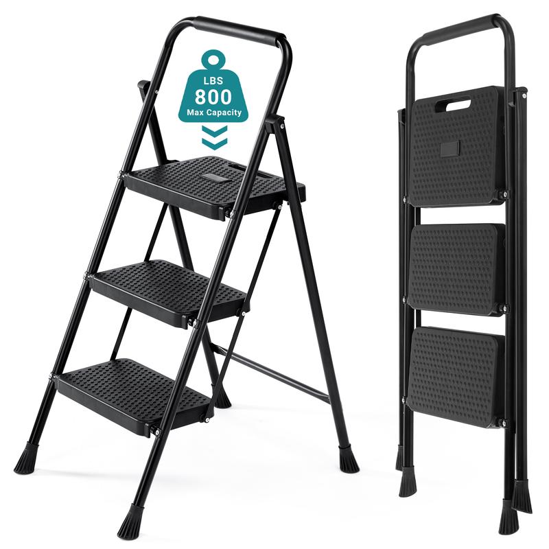 Step Ladder, Foldable Stool with Wide Pedal, Cushioned Handle, 800lbs Capacity for Home Kitchen and Outdoor, Black