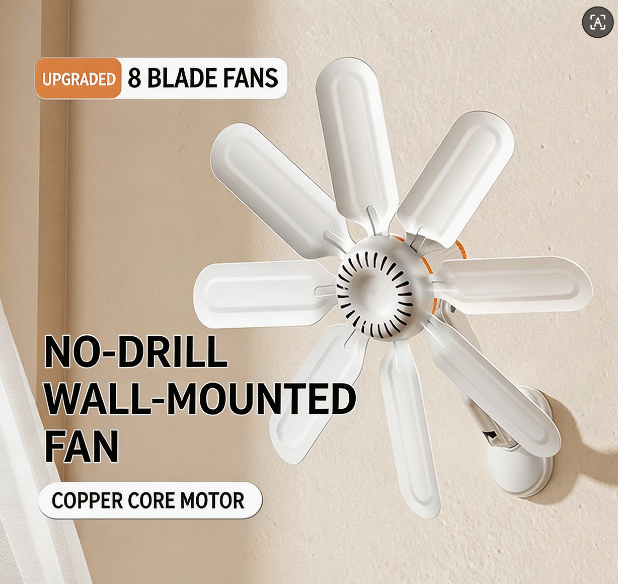 （2-Pack Wall-Mounted Fan）Portable Wall-Mounted Fan, Drill-Free Hook-On Design, Easy Installation for Home/Office/Kitchen