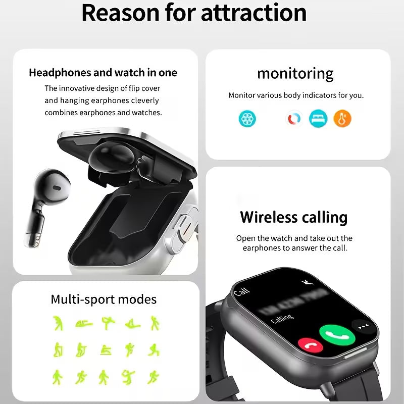 D8 2-in-1 Smart Watch & TWS Earbuds – Detachable Earphones, HD Touch Screen, Offline Payment, NFC, Heart Rate Monitor – Best Gift for iOS & Android