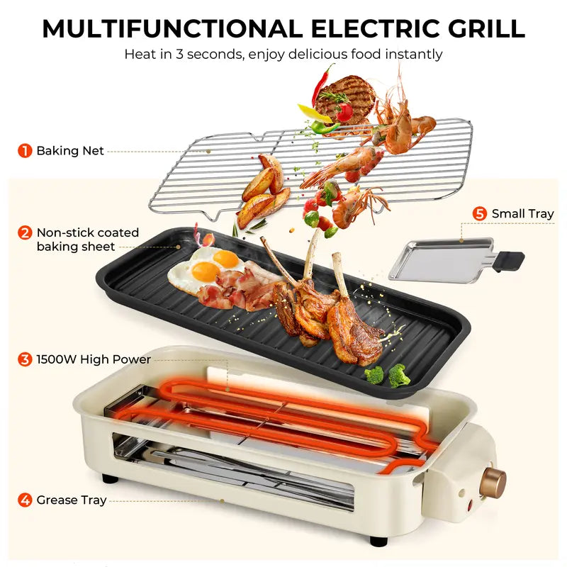 Electric Indoor Grill,2 in 1 Indoor Grills for Kitchen with Grill Net & Non-Stick Cooking Removable Plate, Temperature Control, Dishwasher Safe, 1500W Smokeless barbecue