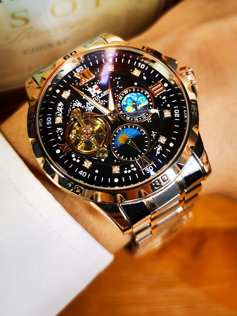 AOKULASIC Men Tourbillon Skeleton Automatic Mechanical Watch, Diamond Starry Luminous Dial, Moon Phase Function, Large Dial Waterproof Wristwatch，Business Casual Men Watch, Christmas New Year Thanksgiving Birthday Gift for Men