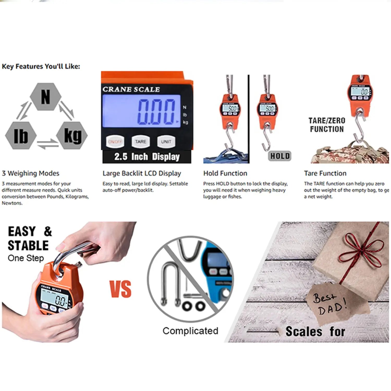 660LB/300KG Heavy Duty Digital Crane Scale - Industrial Compact LCD Metal Hanging Scale with Aluminum Body & Stainless Steel Hook for Garage, Farm, Hunting, Fishing & More (Orange) image 7