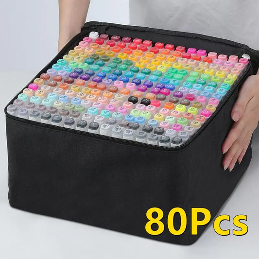 80 Colors Marker, 1 Set Portable Dual Tip Bullet & Chisel Art Marker Set with Bag, Crafts Art Supplies for Coloring, Drawing, Blending and Sketching