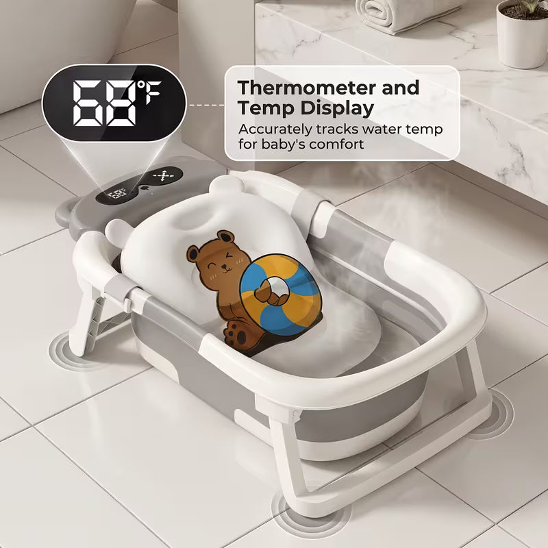 3‑Fold Smart Temperature‑Sensing Baby Bathtub, Home Use Newborn Bath Tub, Sit & Lie Supported, Collapsible Infant Shower Tub for Baby Bathing