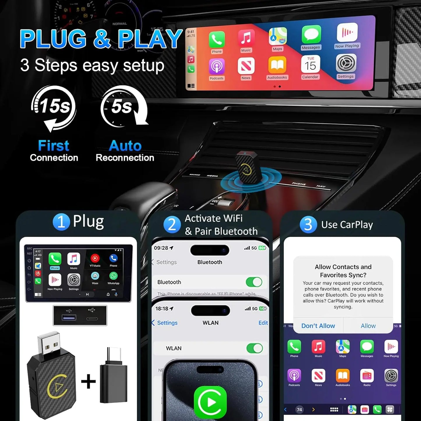 【Mother's Day】Yurnlv Wireless Apple CarPlay Adapter for Factory Wired Cars from 2016 Onwards - 2-in-1 Wireless CarPlay & Android Auto Adapter Easier Connectivity Compatibility Stable, Faster, Automotive