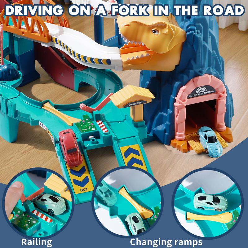 King Size Dinosaur Race Track Playset Toys for Kids With 12Mini Car Ramp Track Adventure Car Garage Parking Toy