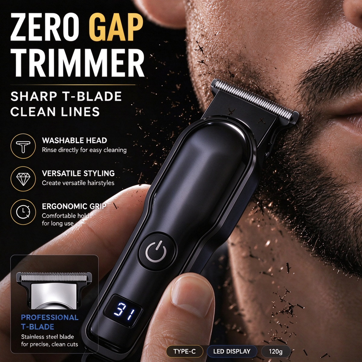 Handheld Mini Men'S Hair Clipper, Ultra-Light Portable Travel Essential Hair And Beard Trimmer, Professional T-Shaped Zero-Gap Blade Head Fine Sculpting Shear USB Rechargeable Low Noise Electric Trimmer