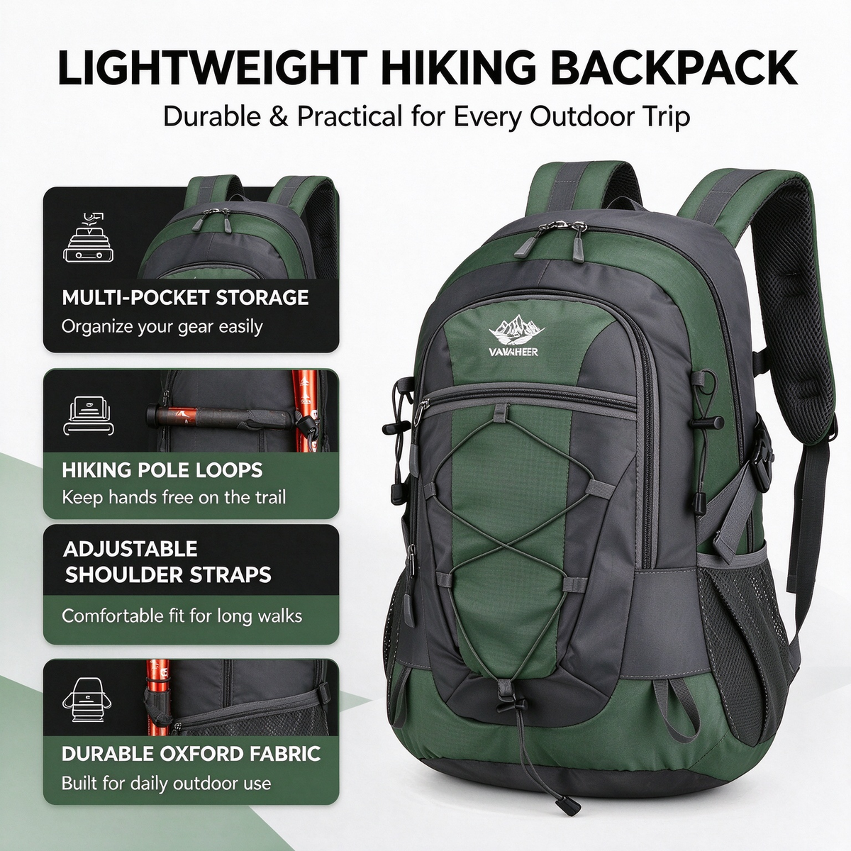 Multi-functional Outdoor Mountaineering Backpack, Lightweight Travel Hiking Bag, Trekking Storage Backpack with Hiking Pole Loops, Soft Shell & Adjustable Shoulder Straps