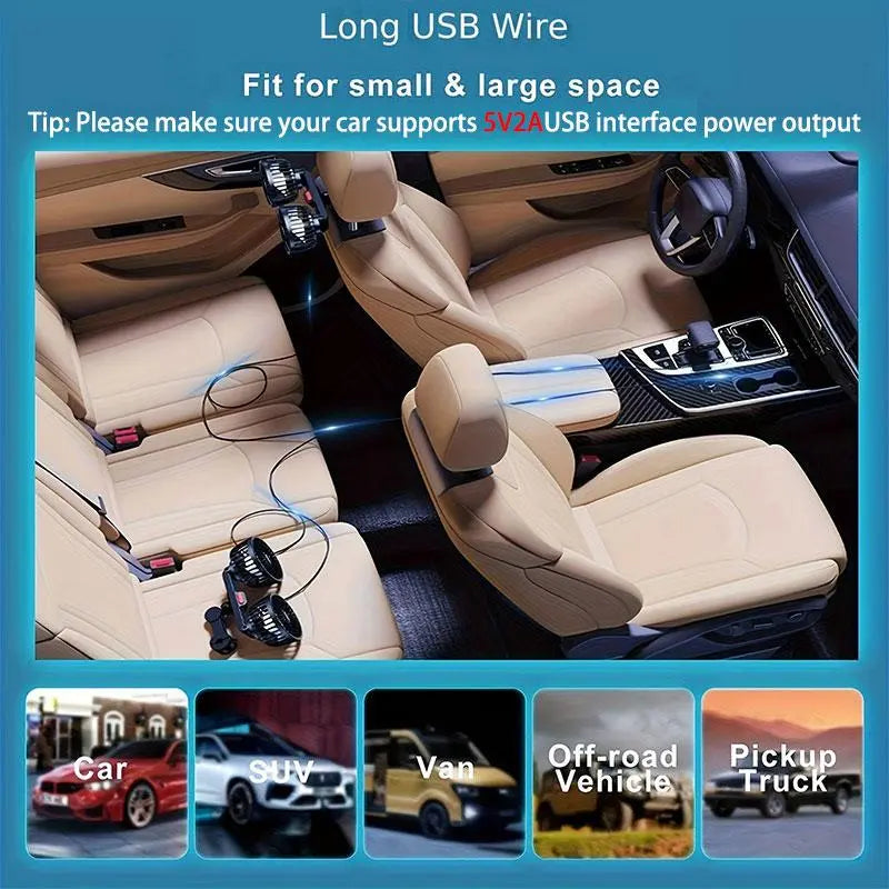 Adjustable Car Backseat Fan, Dual-Head Electric Fan, Strong Wind USB Car Fan with 360-Degree Rotation and Large Air Volume for Rear Seats, Summer Essential #GLOBAL PICKS image 3