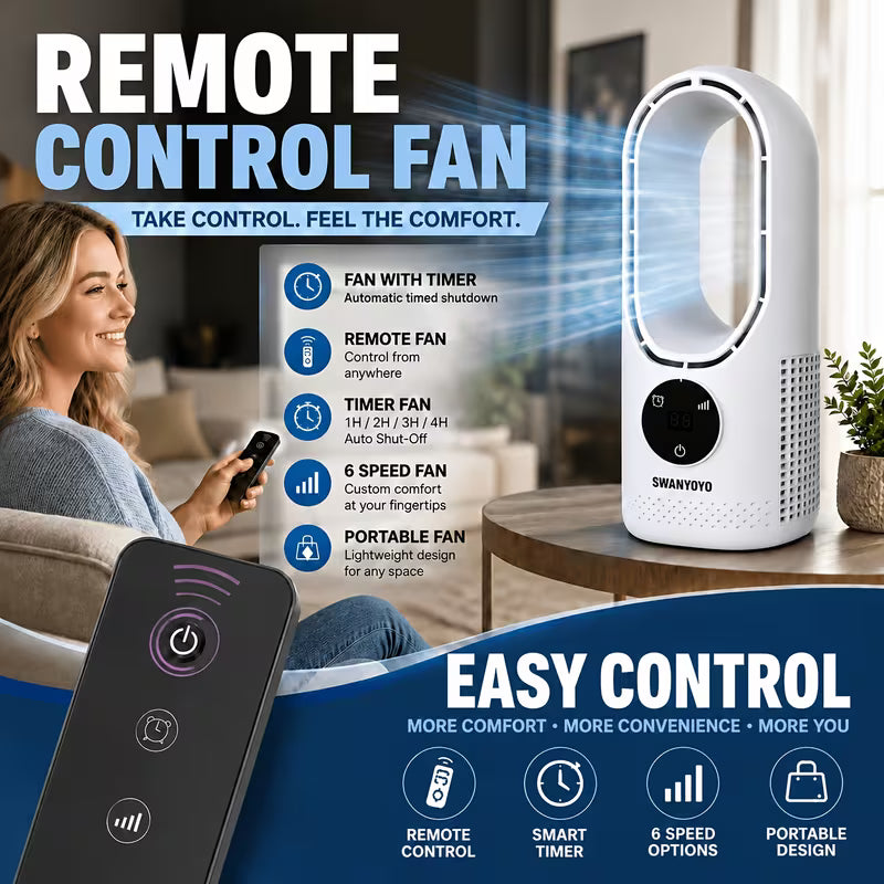 Portable USB Tower Bladeless Mini Fan – Mist Cooling, Touch Screen & Remote Control, 7-Colour LED Light, Timer & Auto Power Off, Quiet Design – Perfect for Office, Travel, Camping & Home Use