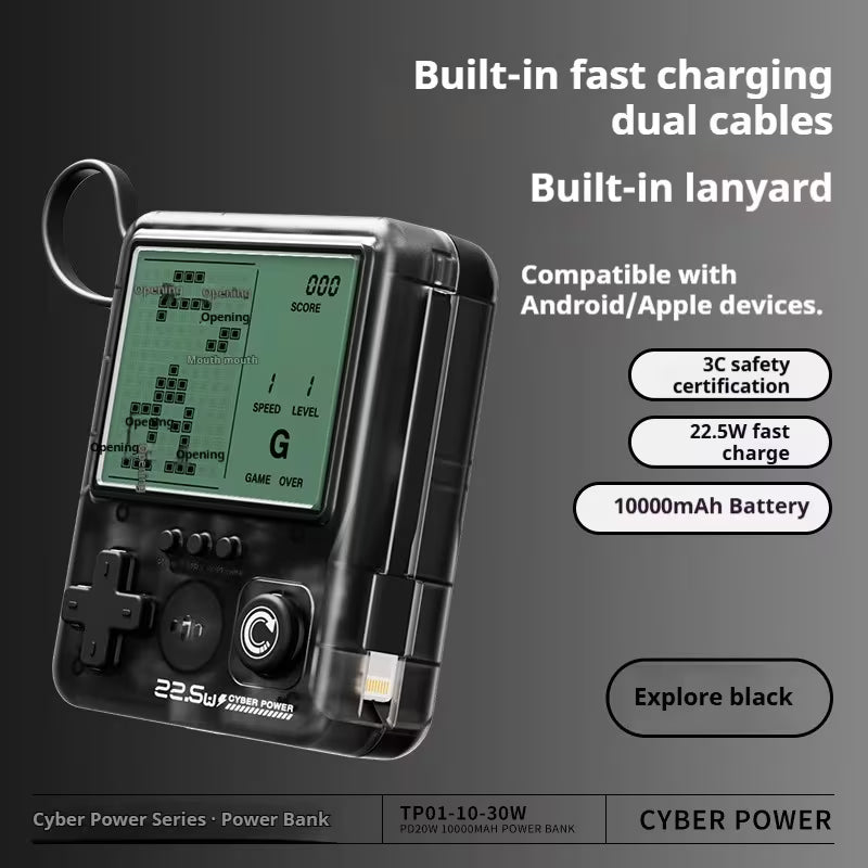 Cyber Power Retro Handheld Game Console – 2‑in‑1 Power Bank, 10000mAh, Built‑in Classic Arcade Games, Fast Charging – Perfect Gift for Gamers
