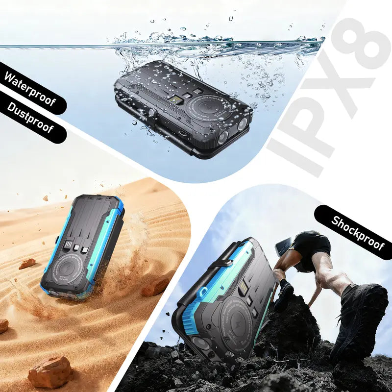 20000mAh Blue Black Solar Power Bank with 4 Foldable Solar Panels, Wireless Charging PD 15W Fast Charger, 3 Built-in Cables 6 Ports Portable Solar Charger with Dual Flashlights & Carabiner